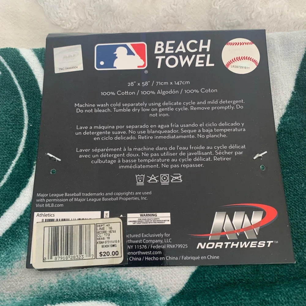 NWT MLB Oakland A’s Beach Towel: Green/ Yellow